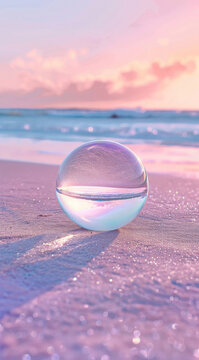 Serene glass sphere on a pastel beach reflecting a dreamy sunset soft light ocean view pink and purple hues