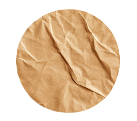 Round crumpled sticker made of recycled craft brown paper with transparent background, ideal for eco friendly projects