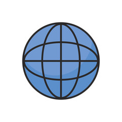 Vector illustration of a blue globe icon representing global communication, worldwide internet access, and international network connectivity