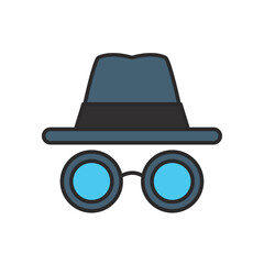 Flat Vector Illustration of a Spy Icon with Fedora Hat and Round Blue Glasses on White Background