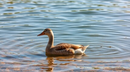 Fototapeta premium Mallard duck swimming gracefully in a tranquil lake during golden hour