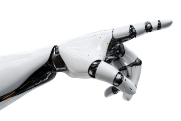 White cyborg robotic hand pointing his finger - 3D rendering isolated on free PNG background.