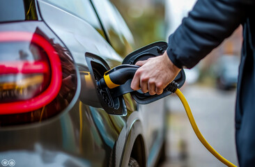 Obraz premium A person is plugging in an electric car to charge using a yellow wire, creating a sustainable electricity source using environmentally friendly green energy.