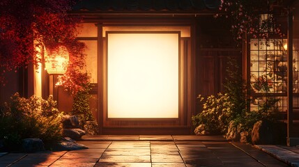 Blank Signboard on Traditional Japanese Restaurant at Night,
