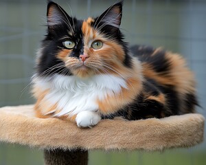 Calico cat on cat tree outdoors