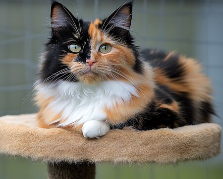 Calico cat on cat tree outdoors