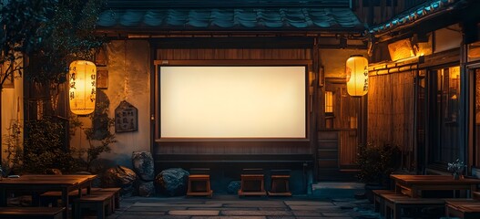 Blank Signboard on Traditional Japanese Restaurant at Night,

