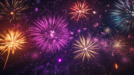 Fototapeta premium From below shot of wonderful vivid fireworks exploding on background of black night sky