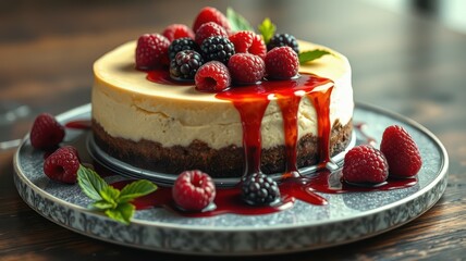 Delicious cheesecake topped with fresh berries and berry sauce on a rustic wooden table