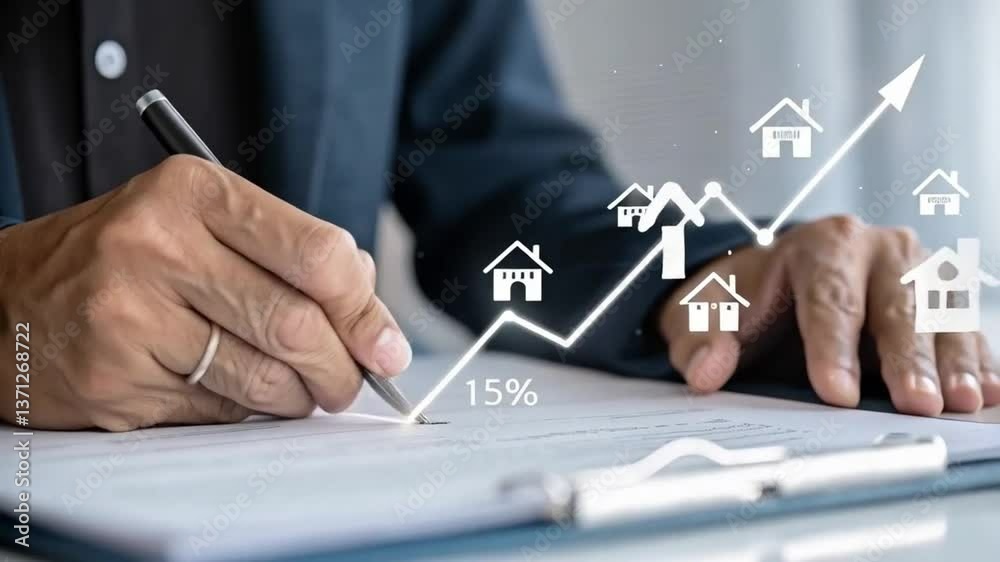 Poster a person in a suit writing on a white paper with a pen in a well lit environment close up view