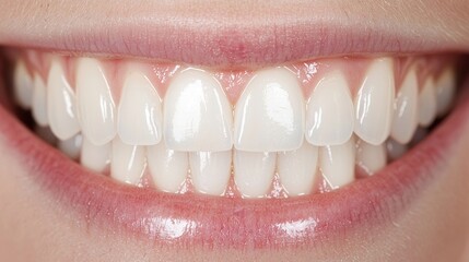 Fototapeta premium Healthy, bright smile with perfectly aligned teeth. Close-up view of a woman's mouth showcasing a gleaming, healthy smile. Teeth are white and evenly spaced. Soft pink lips
