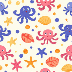 Obraz premium Delightful seamless design featuring handdrawn sea creatures perfect for textiles, gift wrap, and wallpaper.