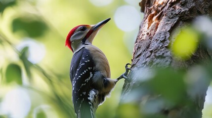 Obraz premium A red-headed woodpecker perched on a tree trunk, looking upwards, amidst lush green foliage.