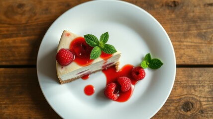 Delicious raspberry cheesecake served on a white plate with fresh mint leaves on a wooden table