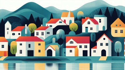 A stunning village landscape bursting with color, showcasing rolling hills and serene skies in a clean illustration.
