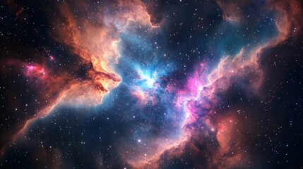 Obraz premium space telescope observing a distant galaxy, showcasing a vibrant nebula with brilliant blues and pinks against the dark void of the cosmos