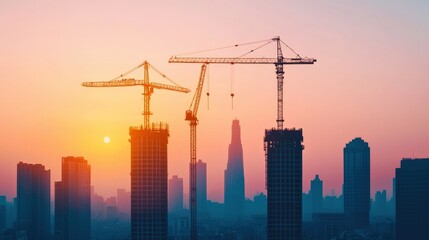 Fototapeta premium Urban growth showcase city skyline with rising structures and cranes at sunset dynamic construction scene
