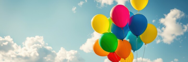 Colorful balloons float against a bright blue sky with fluffy clouds on a sunny day