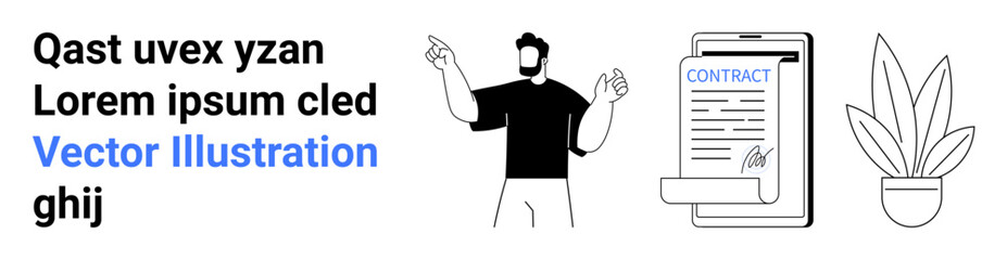 Man gesturing towards a clipboard with contract paperwork next to a potted plant. Ideal for business, agreements, legal services, work ethics, documentation, presentations, flat landing page banner