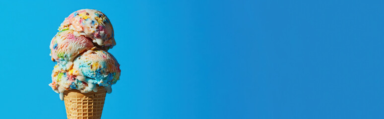 Vibrant Ice Cream Cone on a Wide Blue Background with Space for Text – Perfect for Summer, Advertising, and Dessert Promotions