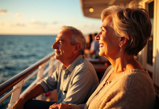 Happy senior couple enjoying a sunset view on a cruise ship balcony - Powered by Adobe