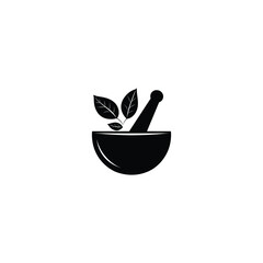 Black and White Mortar and Pestle Vector with Herbal Elements – Minimalist Icon for Traditional Medicine, Culinary Practices, and Natural Remedies.