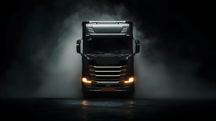 Dark Studio Shot Of Modern Black Truck With Powerful Headlights