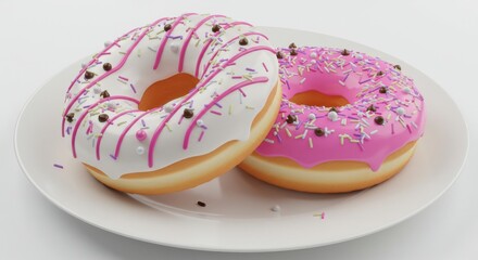 Two donuts with pink and white frosting and sprinkles on a white plate close up sweet treat dessert