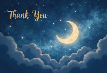 Thank you message with a crescent moon and starry night sky background