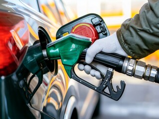 Close-up of Hand Holding Green Fuel Pump Nozzle to Refuel Modern Vehicle at Gas Station