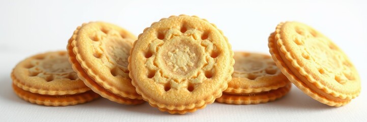 Delicious round cookies arranged on a white background with intricate patterns on their surfaces