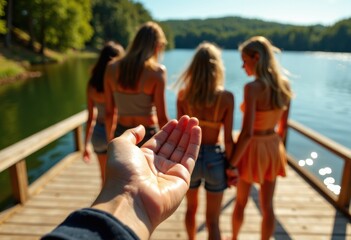 A hand reaching out towards four women enjoying a sunny day by the lake