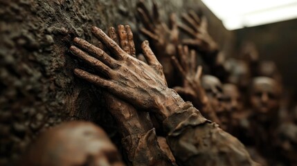 Detailed close-up of sculpted hands reaching out from a textured wall, evoking emotion and struggle