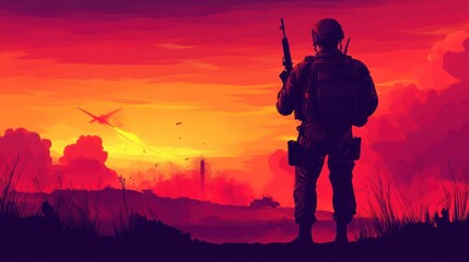 Soldier Silhouette at Sunset with Explosive Action Scene