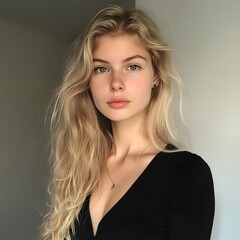 A photograph of a blond woman in a black top posing for the camera, Generative AI
