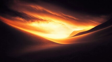 Sunrise over a mountainous landscape.  Fiery glow through the clouds