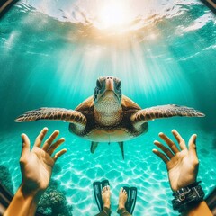 Obraz premium First Person of a Sea Turtle Underwater