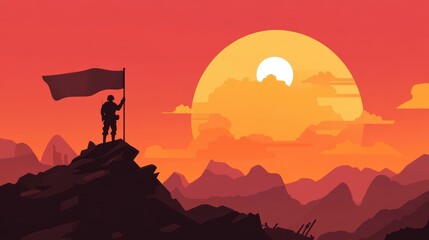 Soldier Silhouette with Flag on Mountain Peak at Sunset Military Triumph Scene Adventure and