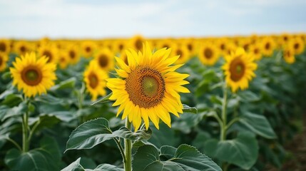 Fototapeta premium A vibrant field of sunflowers, showcasing their bright yellow blossoms against a backdrop of a light blue sky.