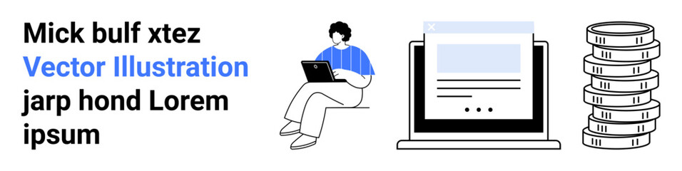 Person using laptop, webpage on display, and data stack symbolizing online activity, technology, digital solutions. Ideal for teamwork, business, data storage, web design tech blogs and simple