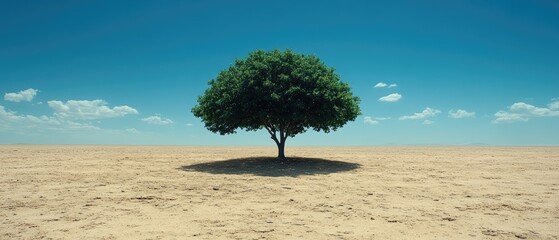Lone, verdant tree stands stark against the dry ground, under a pale blue sky with a few clouds