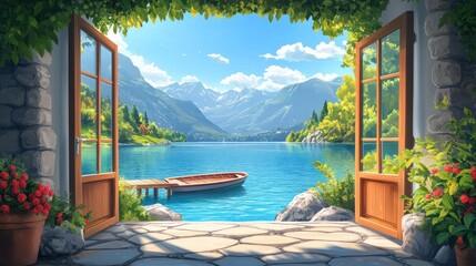 Patio doors open to mountain lake vista