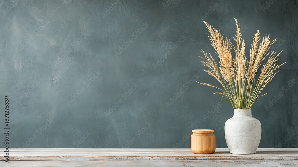 Poster rustic, earthy d?cor arrangement on a whitewashed table against a dark teal background