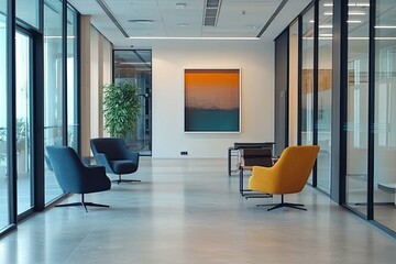 Fototapeta premium Modern Office Hallway Featuring Chairs Artwork and Large Windows
