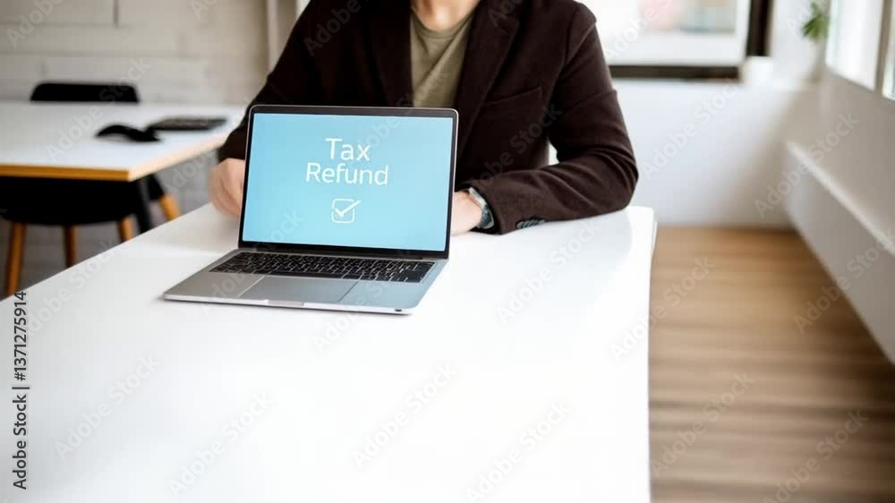 Poster person at desk with laptop showing tax refund message and check mark on the computer screen indoors