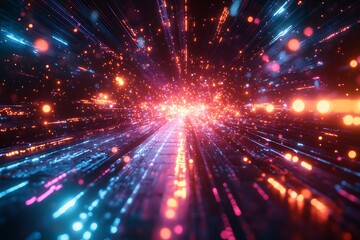 Obraz premium Energy beams intersecting in a dark void, forming a glowing digital nexus