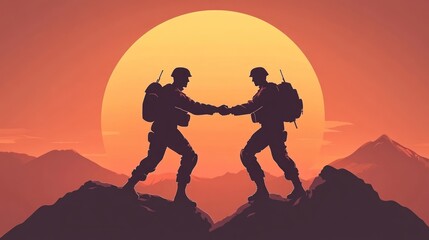Two Silhouetted Figures Shaking Hands on a Mountain Peak at Sunset Teamwork and Achievement Co