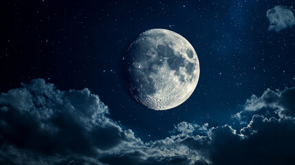 Obraz premium Amazing scenery of white glowing moon with craters in black sky with clouds at night