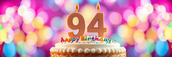 Celebrating a joyful 94th birthday with a vibrant cake adorned with candles and colorful sprinkles