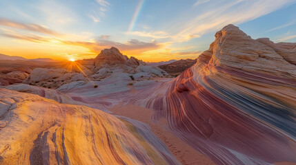 Naklejka premium Scenic view of distant tourist standing on sandstone striped formation against cloudless evening sky with bright rainbows in nevada